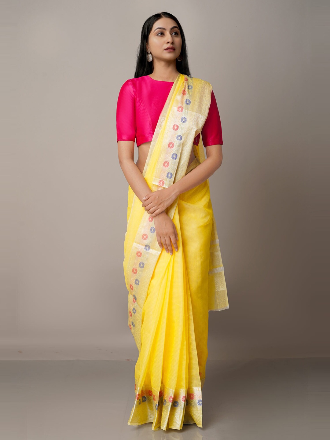 

Unnati Silks Yellow & Silver-Toned Zari Silk Blend Kota Saree
