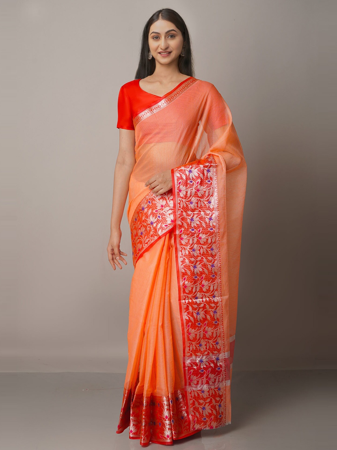 

Unnati Silks Orange & Silver-Toned Zari Silk Blend Kota Saree