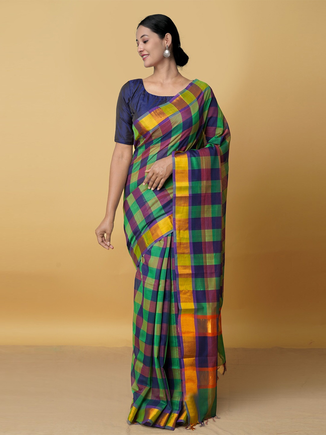 

Unnati Silks Green & Purple Checked Zari Pure Cotton Mangalagiri Saree