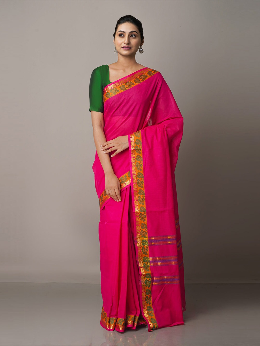 

Unnati Silks Pink & Green Zari Pure Cotton Venkatgiri Saree