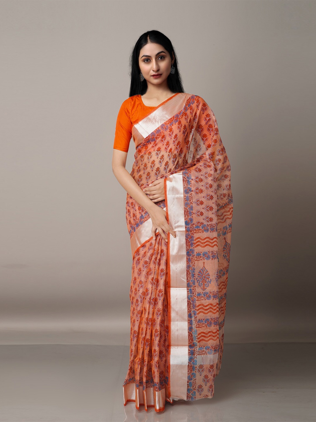 

Unnati Silks Women Orange & Blue Floral Printed Zari Pure Cotton Kota Saree