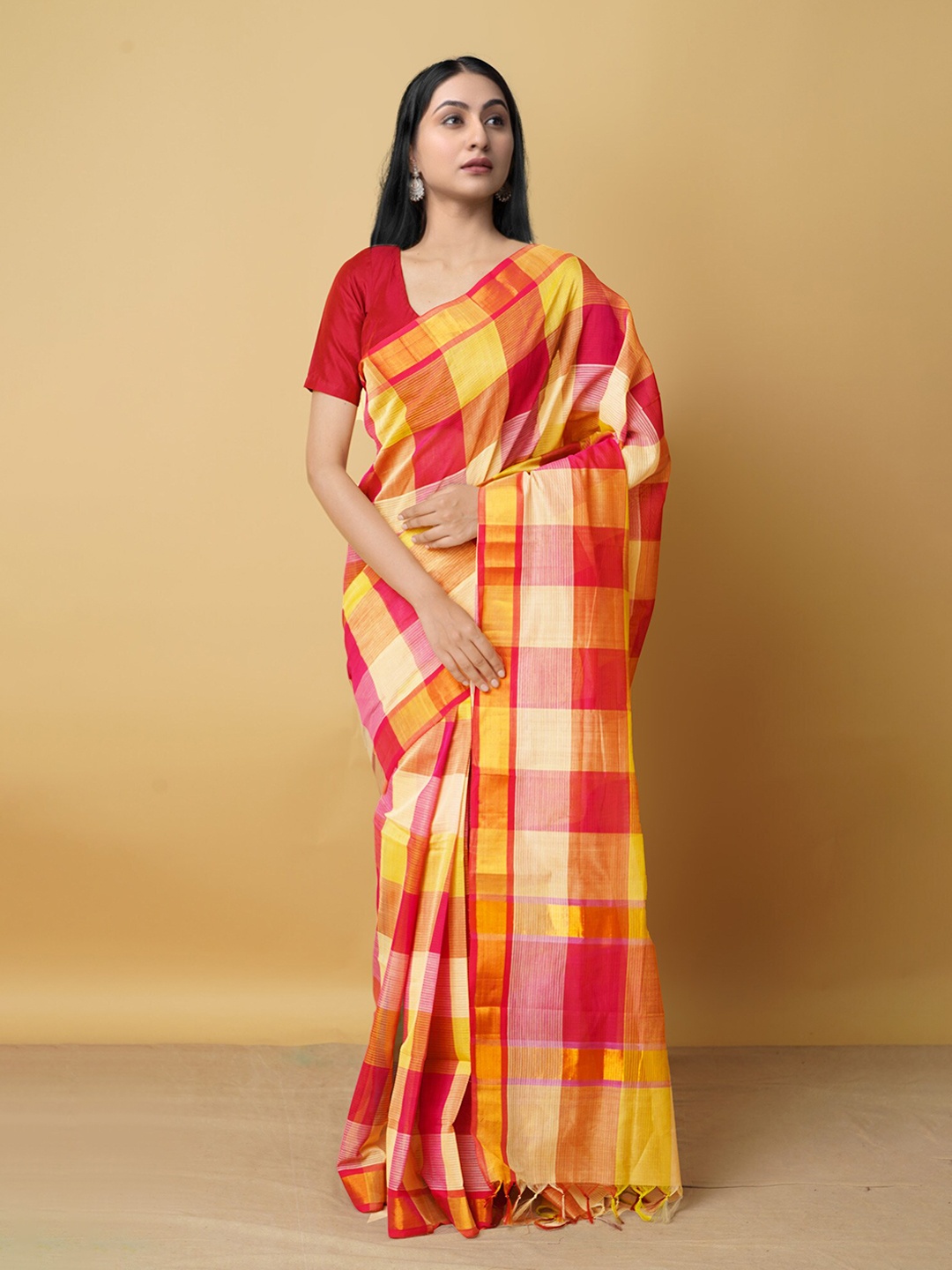 

Unnati Silks Orange & Yellow Checked Zari Pure Cotton Mangalagiri Saree