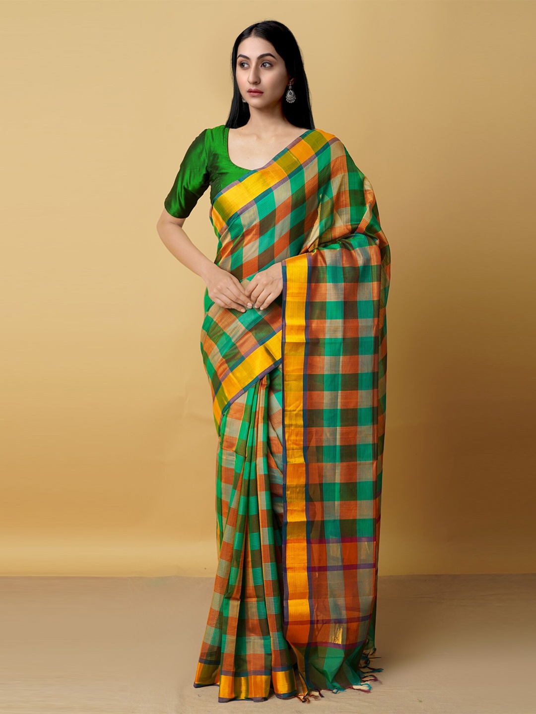 

Unnati Silks Green & Orange Checked Zari Pure Cotton Mangalagiri Saree