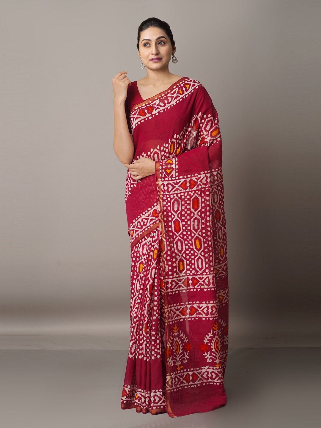 

Unnati Silks Purple & Gold-Toned Batik Zari Silk Cotton Chanderi Saree