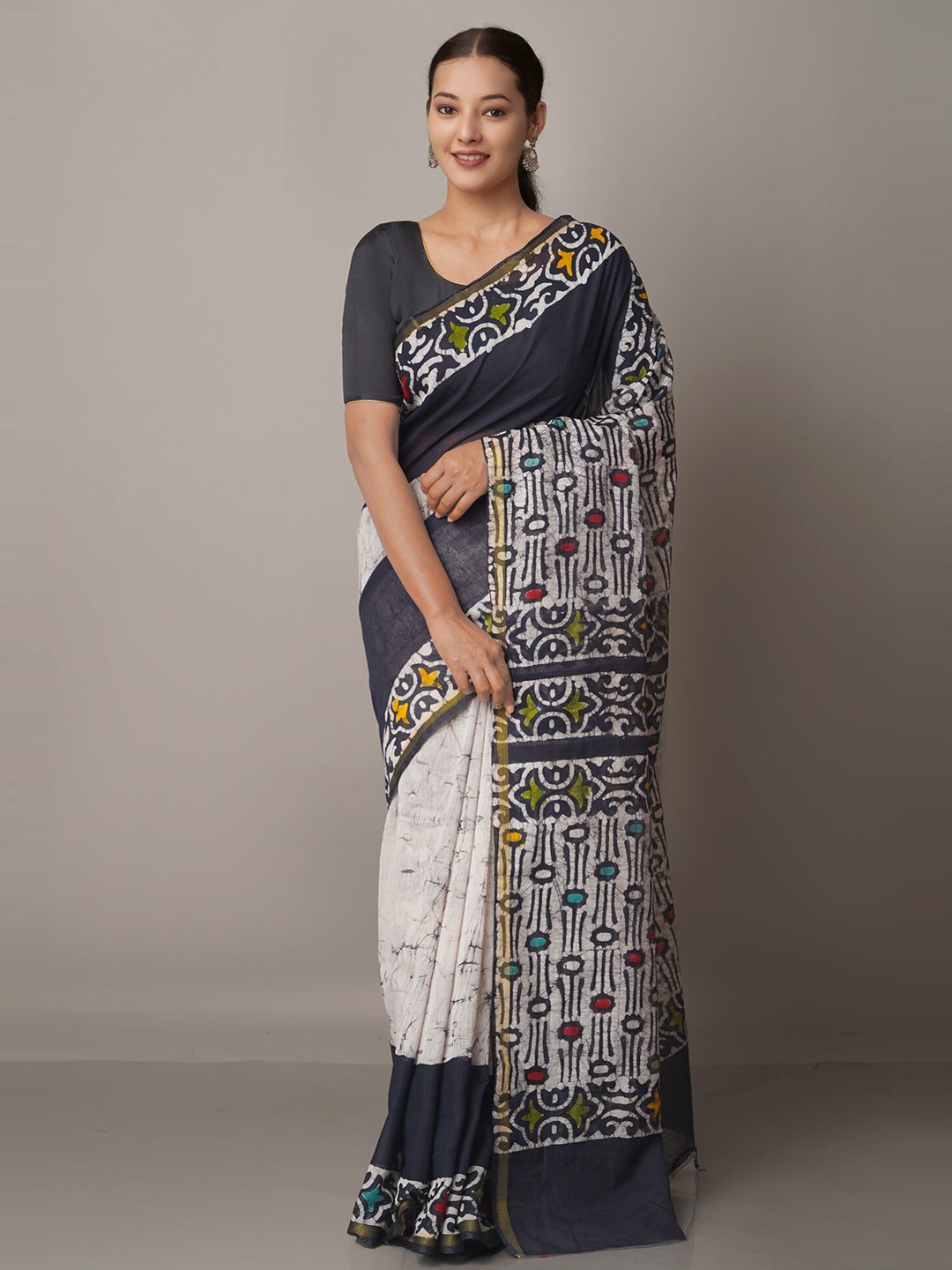 

Unnati Silks Black & Blue Batik Zari Silk Cotton Chanderi Saree