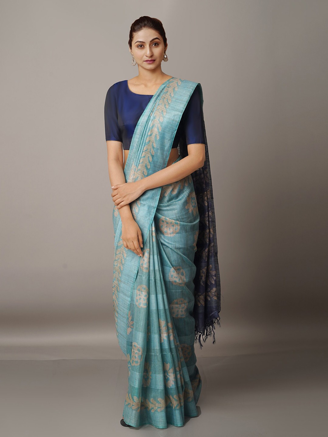 

Unnati Silks Blue & Beige Batik Silk Cotton Bhagalpuri Saree