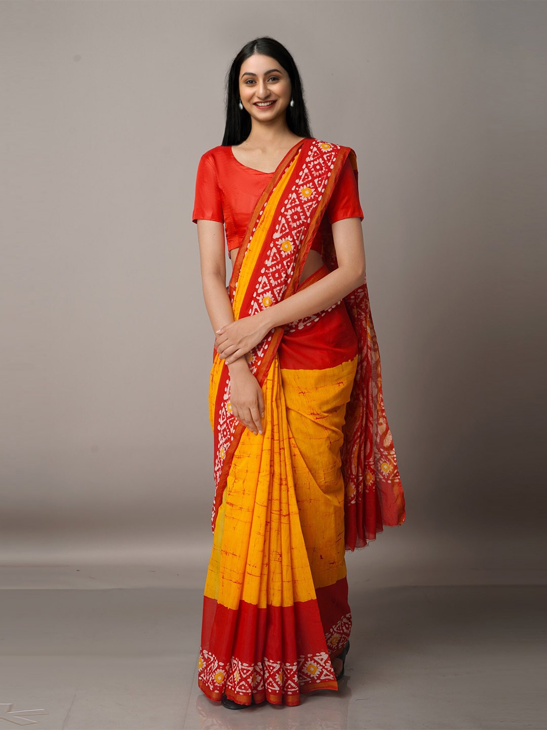 

Unnati Silks Orange & Red Batik Zari Silk Cotton Chanderi Saree