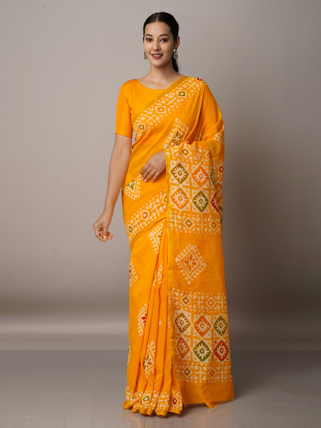 

Unnati Silks Yellow & Red Batik Silk Cotton Chanderi Saree