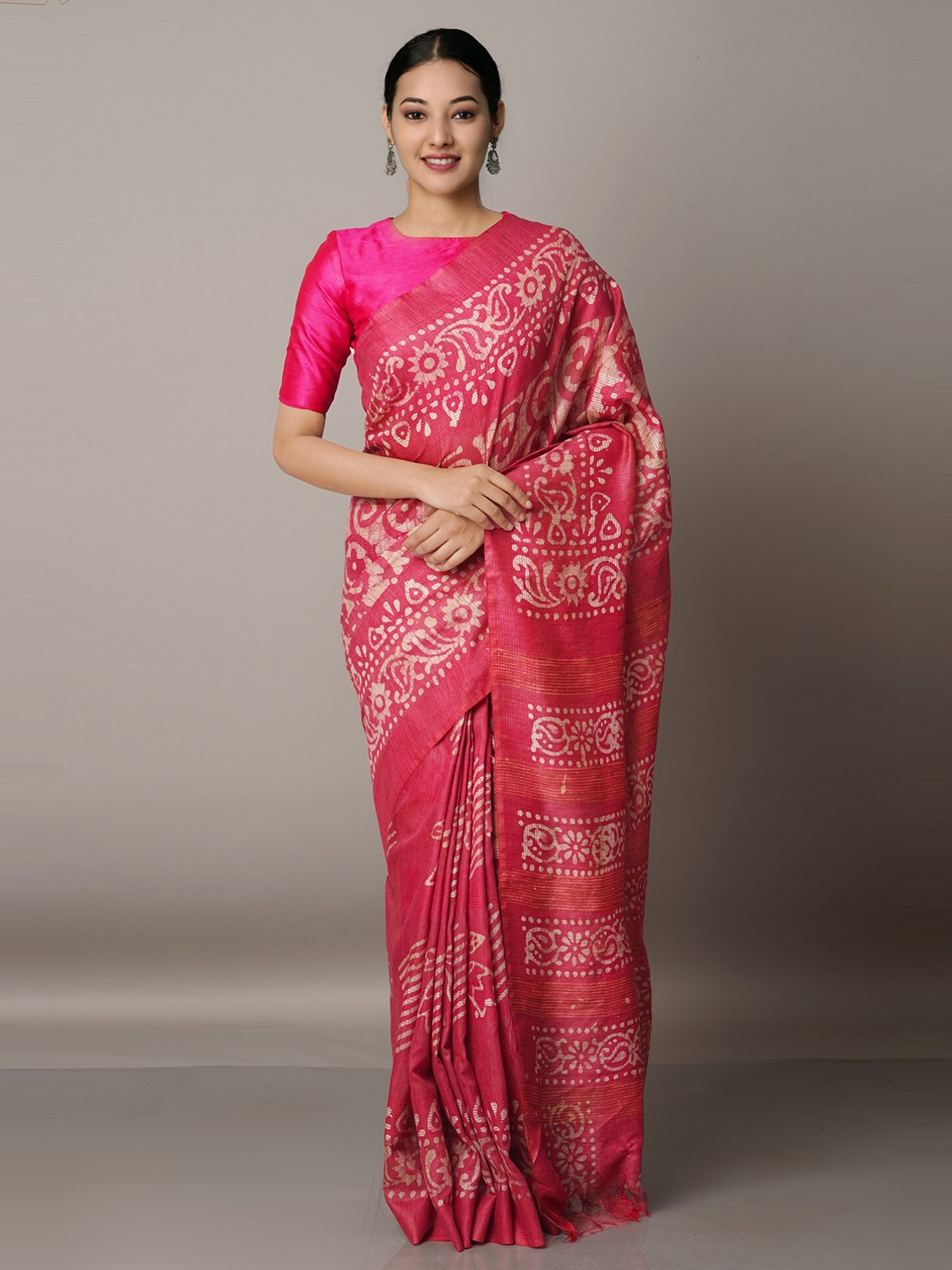 

Unnati Silks Pink & Cream-Coloured Batik Silk Cotton Bhagalpuri Saree