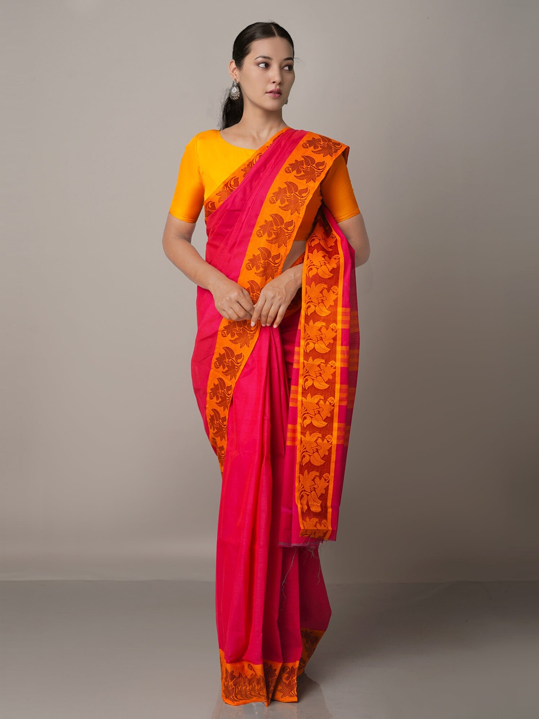 

Unnati Silks Pink & Yellow Woven Design Zari Pure Cotton Venkatgiri Saree