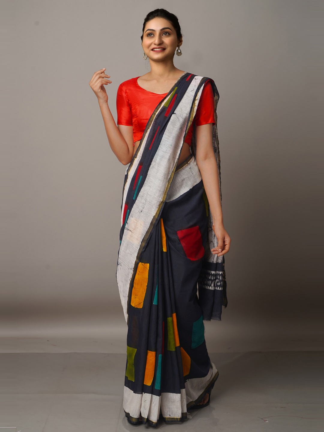 

Unnati Silks Black & Orange Batik Silk Cotton Chanderi Saree