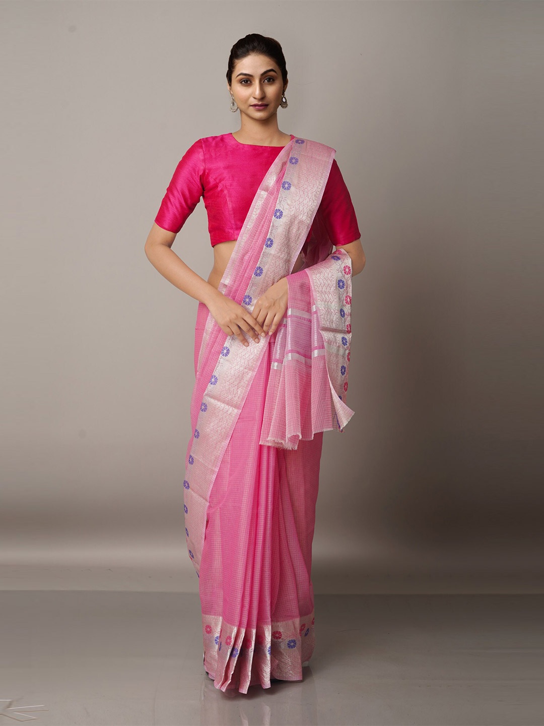 

Unnati Silks Pink & Silver-Toned Zari Silk Blend Kota Saree