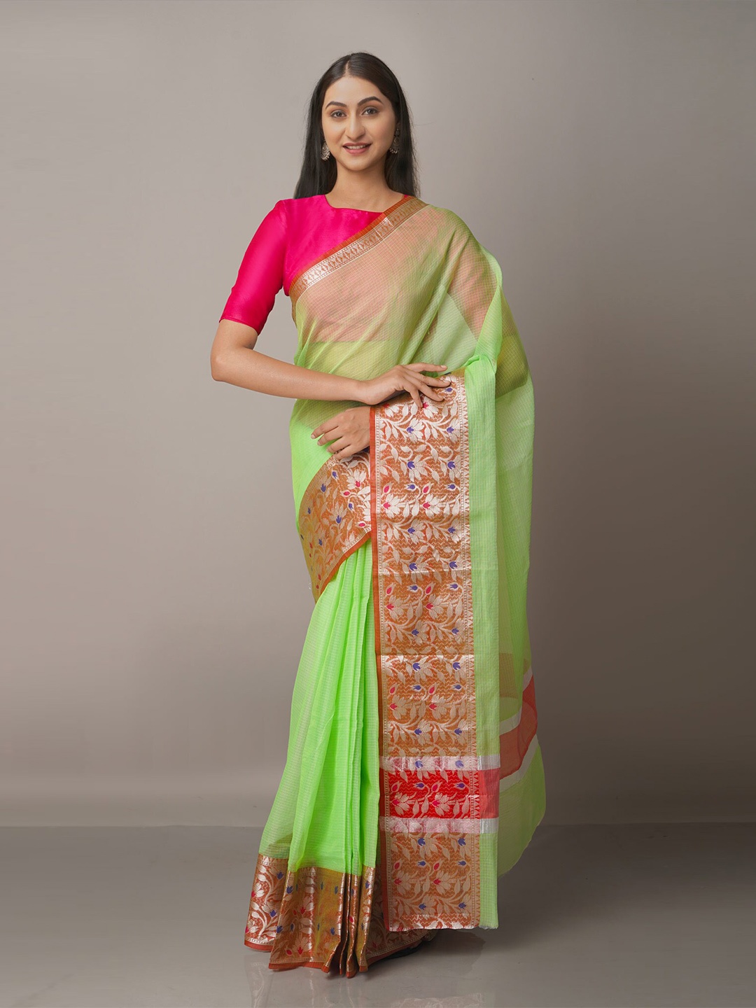 

Unnati Silks Green & Gold-Toned Woven Design Zari Silk Blend Kota Saree