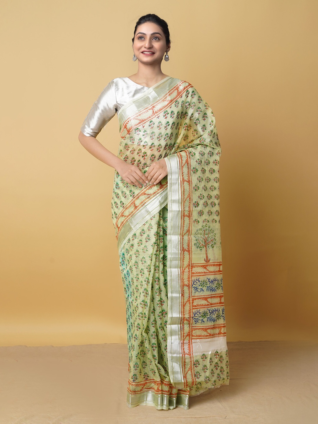 

Unnati Silks Green & Orange Ethnic Motifs Zari Pure Cotton Kota Saree