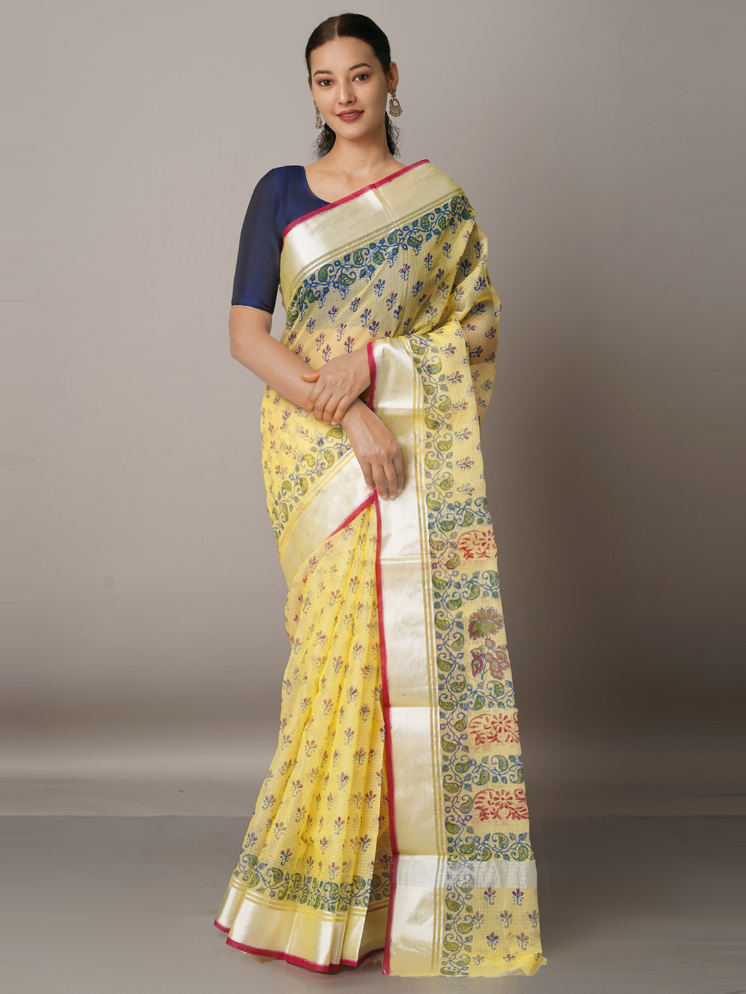 

Unnati Silks Yellow & Green Ethnic Motifs Zari Pure Cotton Kota Saree