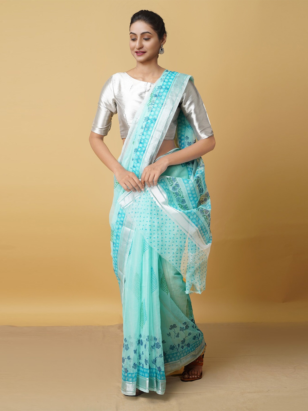 

Unnati Silks Blue & Green Ethnic Motifs Zari Pure Cotton Kota Saree