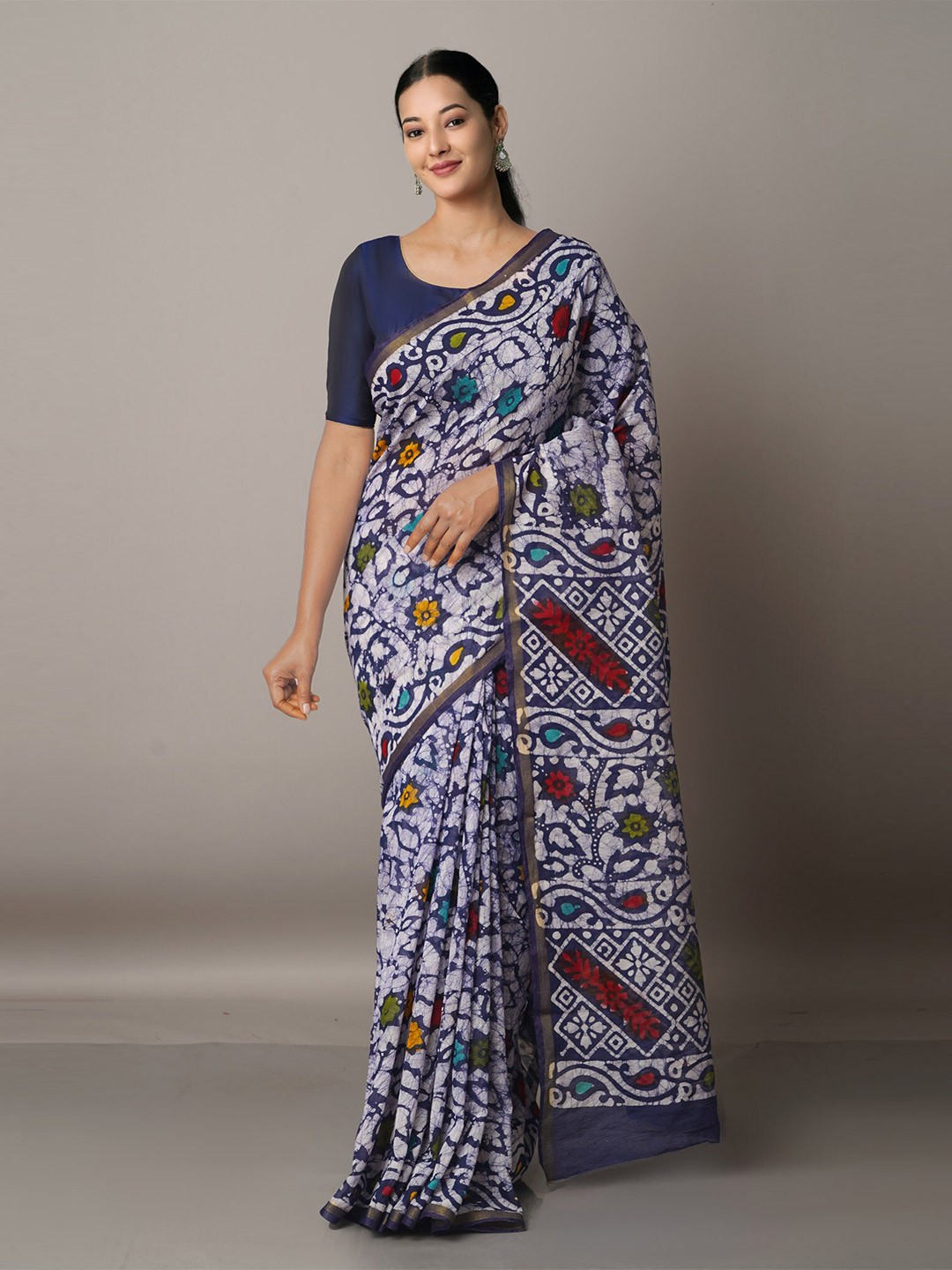 

Unnati Silks Navy Blue & Orange Batik Silk Cotton Chanderi Saree