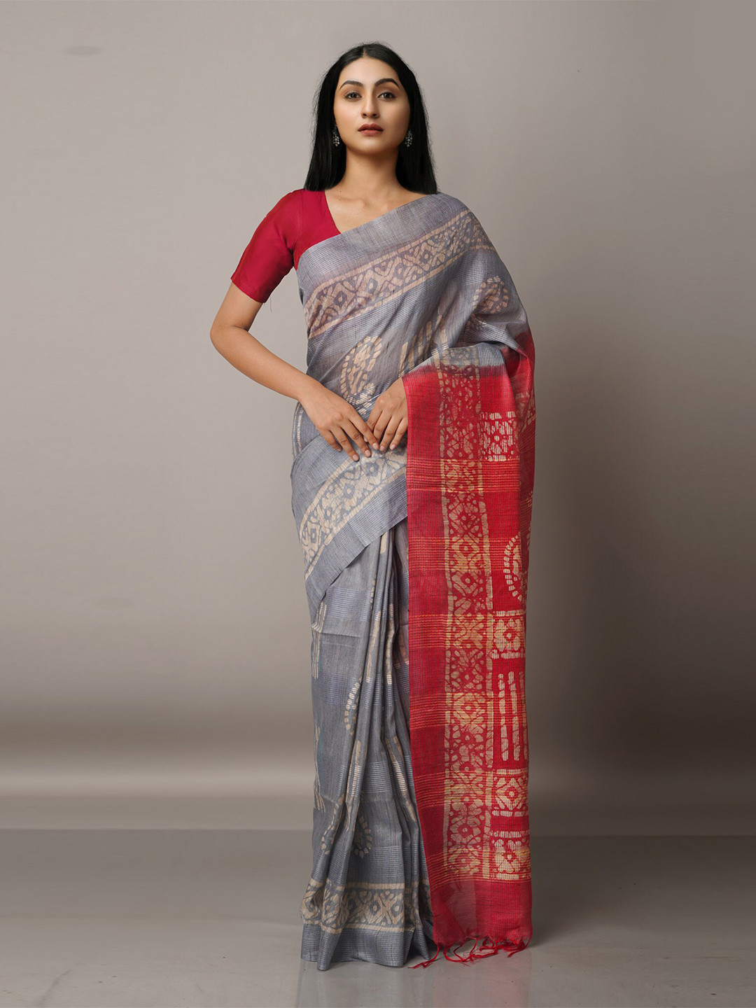 

Unnati Silks Pink & White Ethnic Motifs Silk Cotton Bhagalpuri Saree