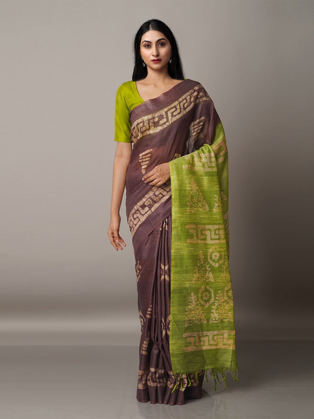 

Unnati Silks Violet & Green Silk Cotton Bhagalpuri Saree