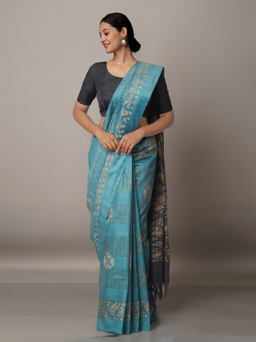 

Unnati Silks Blue & Off White Batik Silk Cotton Bhagalpuri Saree