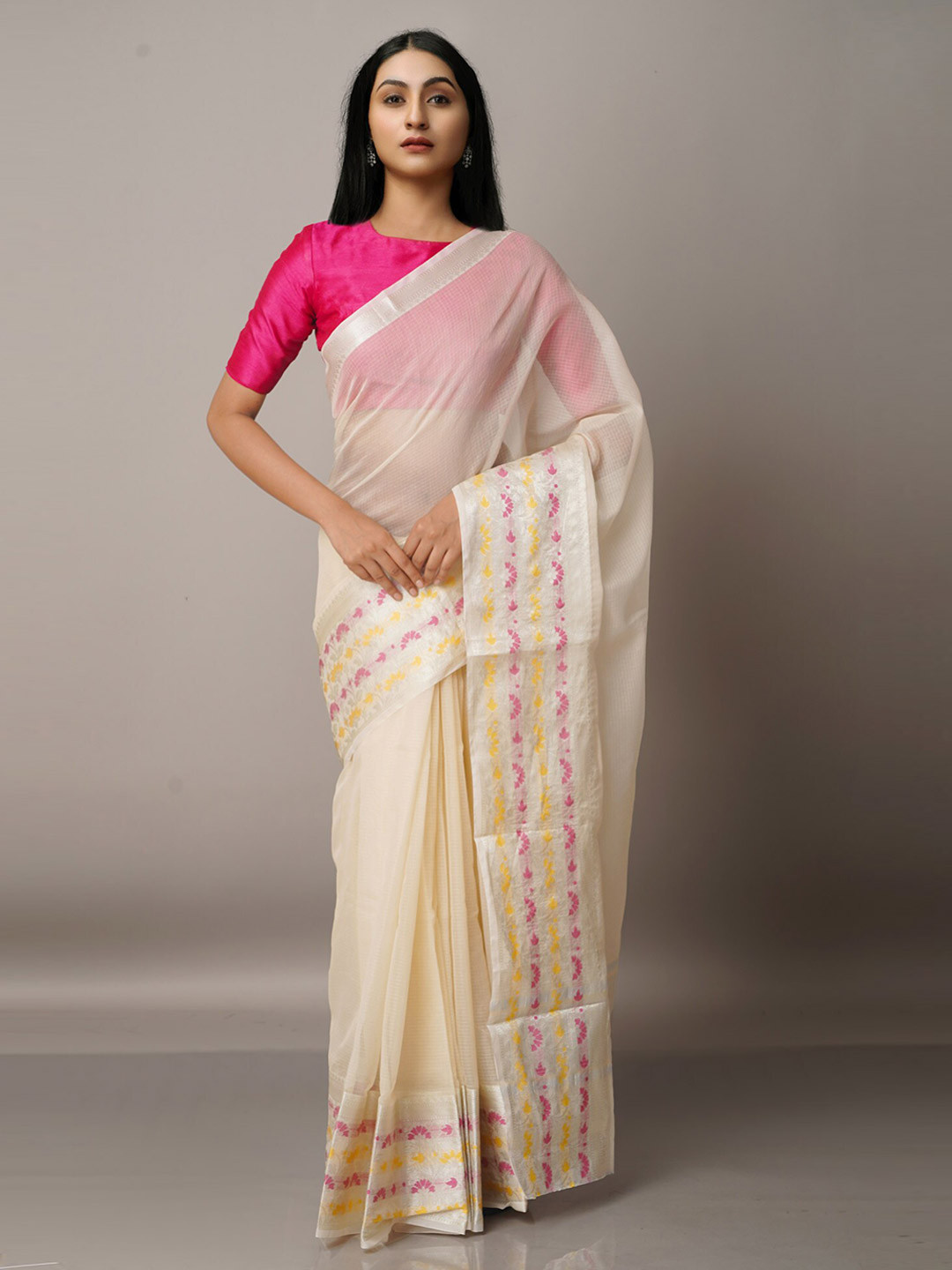 

Unnati Silks Cream-Coloured & Pink Woven Design Zari Silk Blend Kota Saree