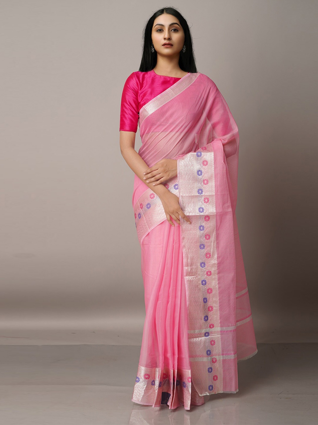 

Unnati Silks Pink & Blue Zari Silk Blend Kota Saree