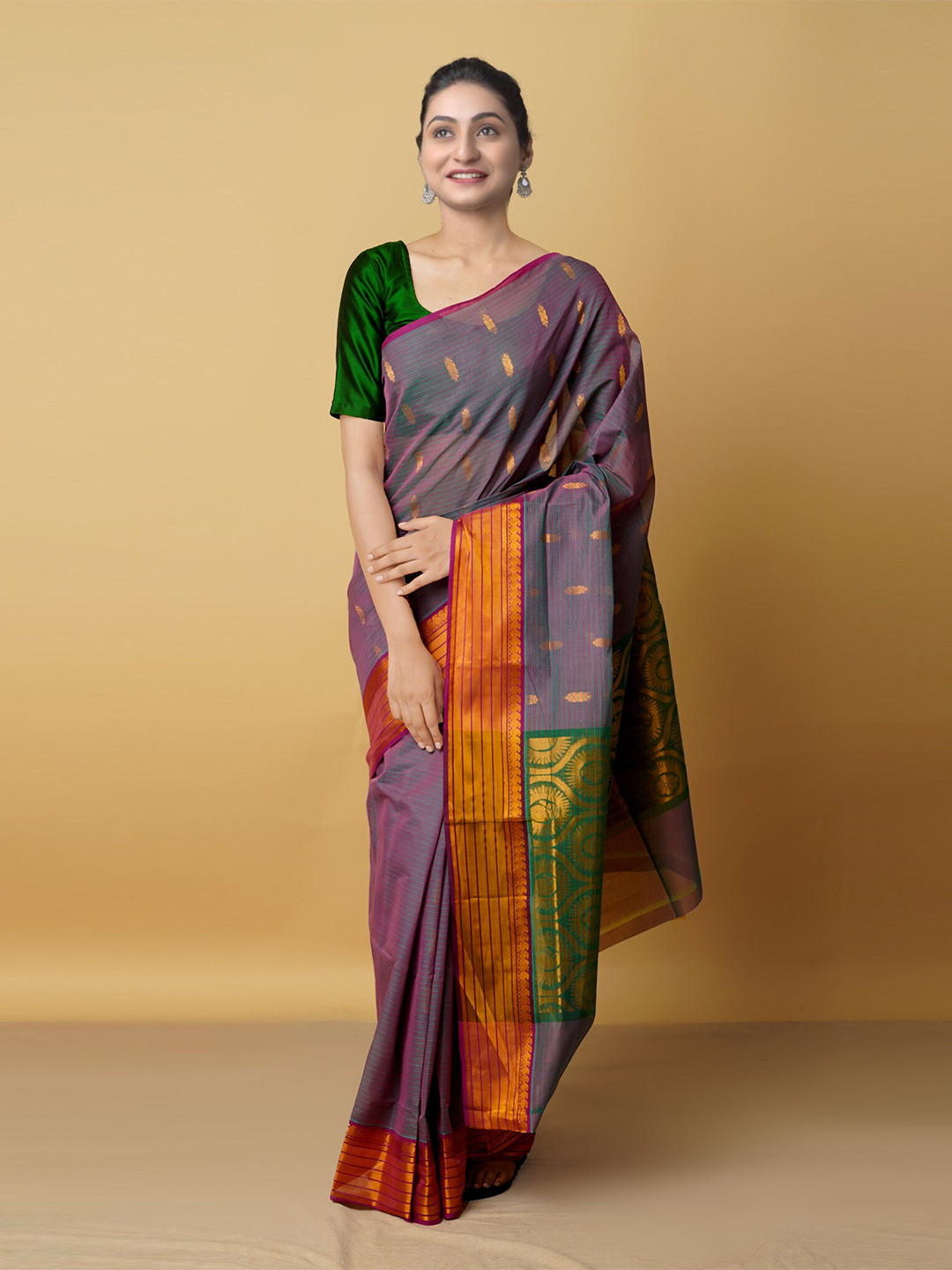 

Unnati Silks Green & Green Woven Design Zari Pure Cotton Venkatgiri Saree