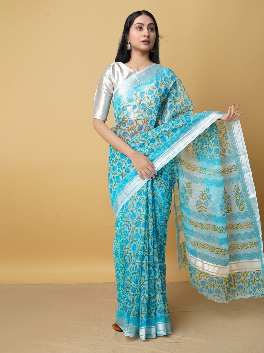 

Unnati Silks Blue & Silver-Toned Ethnic Motifs Pure Cotton Kota Saree