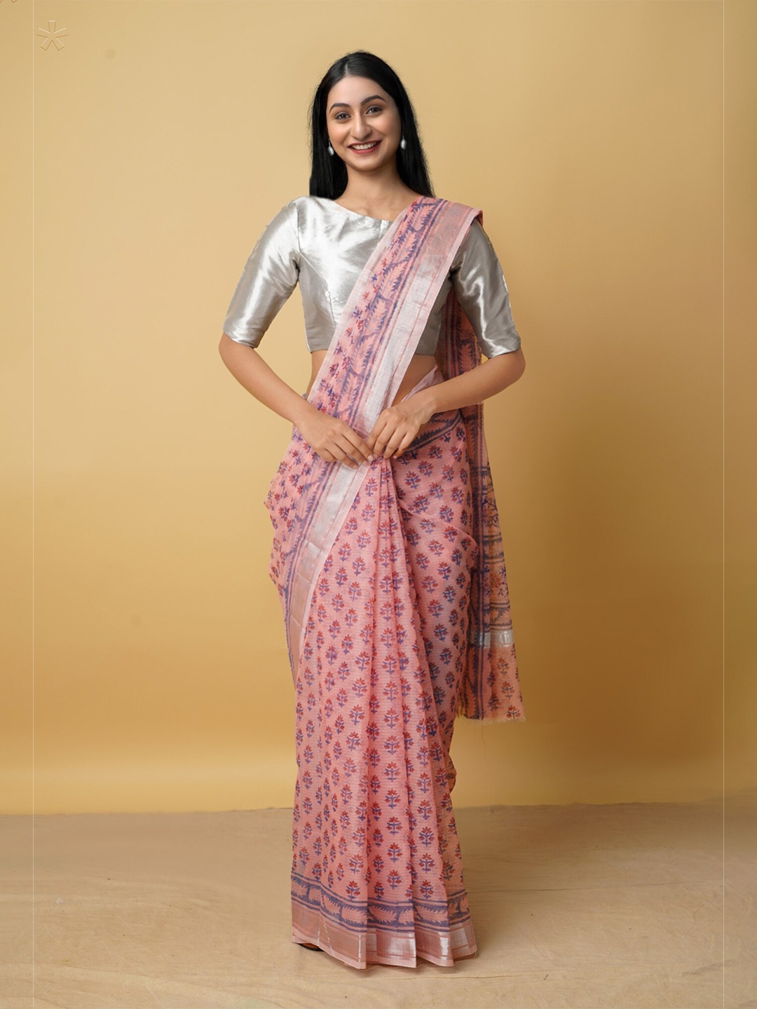 

Unnati Silks Pink & Silver-Toned Floral Zari Pure Cotton Kota Saree
