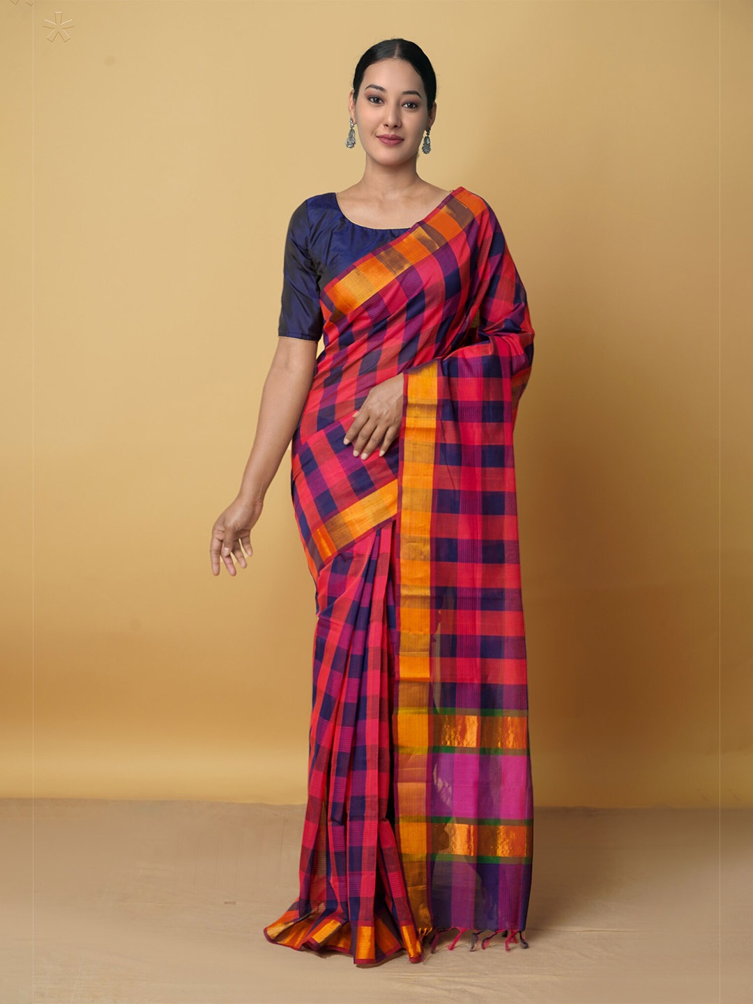 

Unnati Silks Pink & Purple Checked Zari Pure Cotton Mangalagiri Saree