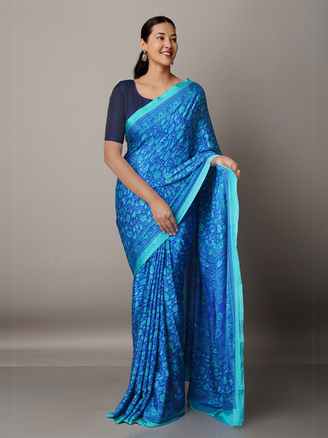 

Unnati Silks Blue Floral Block Print Saree