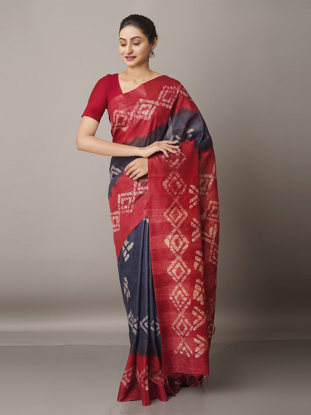

Unnati Silks Burgundy & Blue Batik Silk Cotton Bhagalpuri Saree