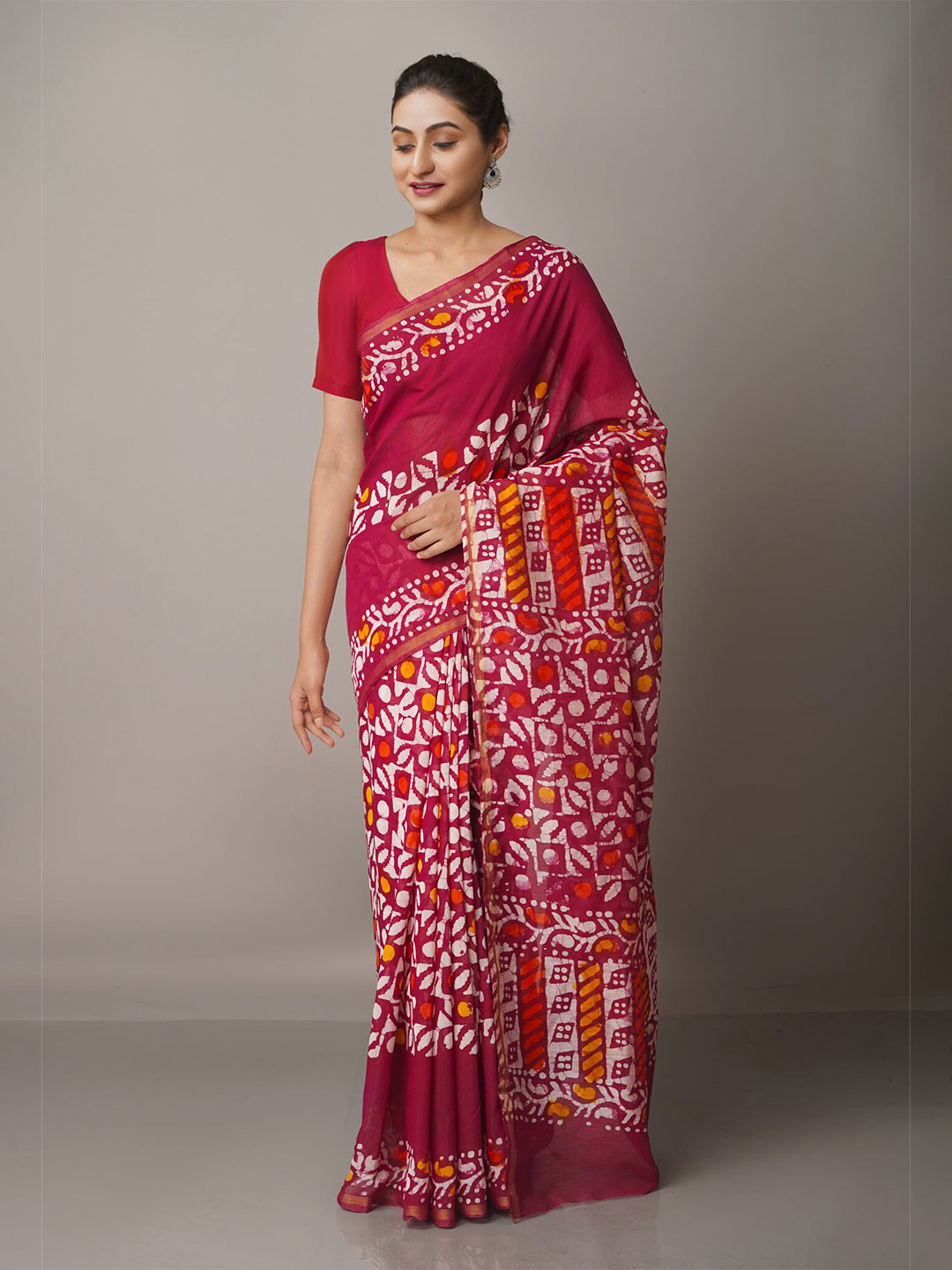 

Unnati Silks Purple & White Batik Zari Silk Cotton Chanderi Saree