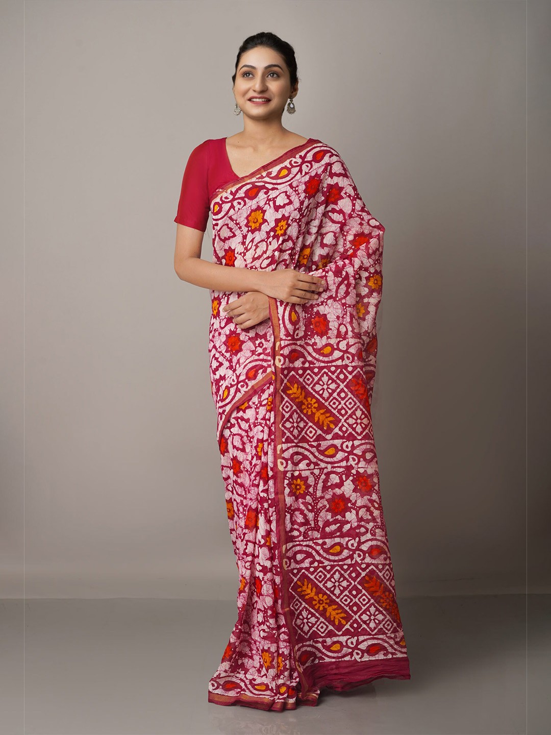 

Unnati Silks Purple & White Batik Zari Silk Cotton Chanderi Saree