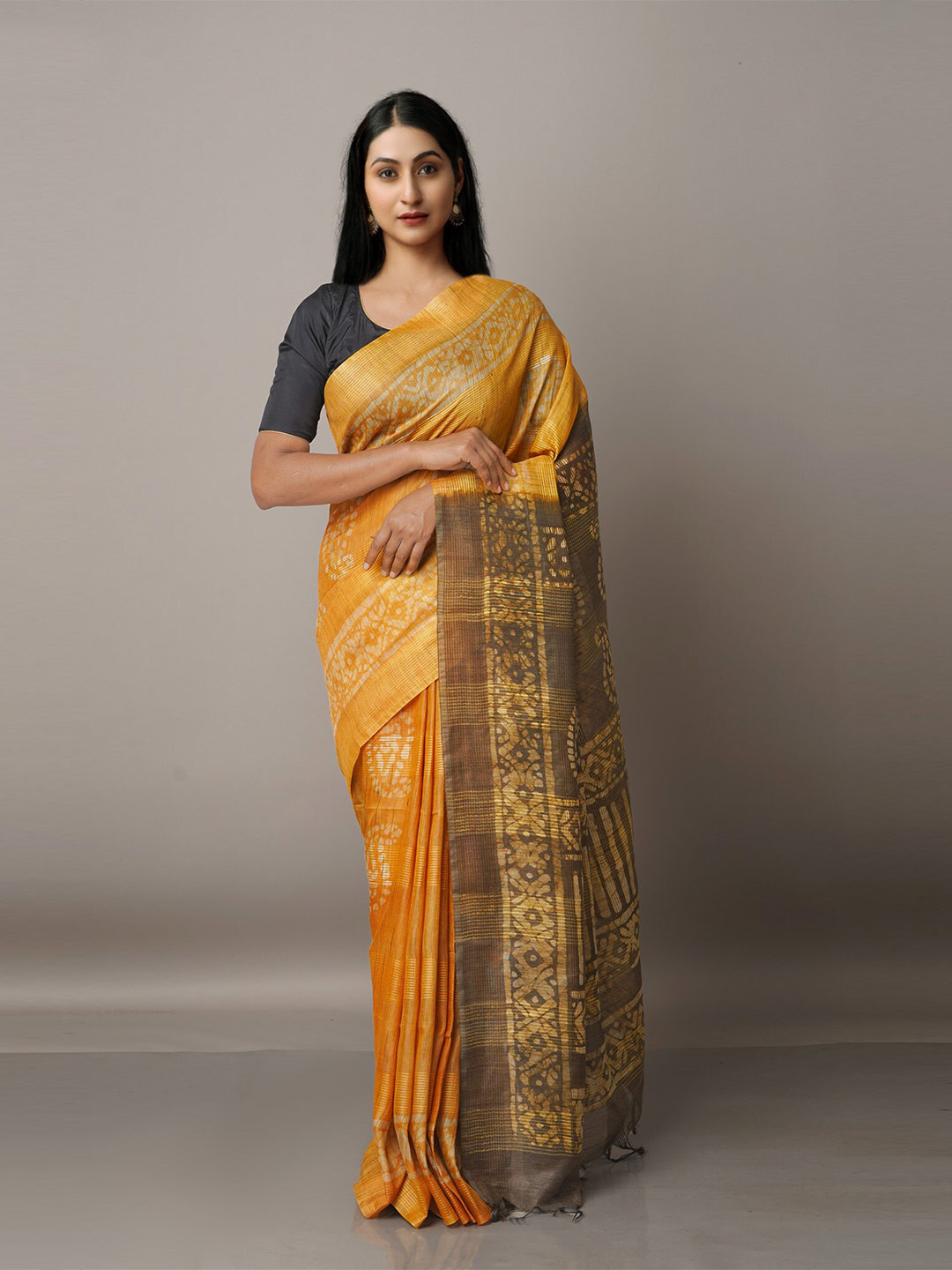 

Unnati Silks Yellow & Off White Batik Silk Cotton Bhagalpuri Saree