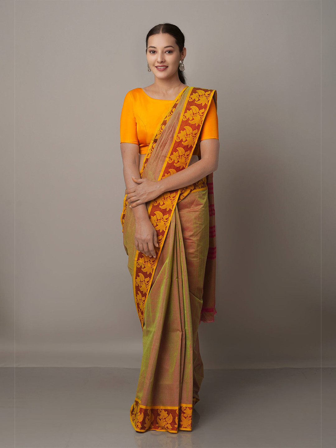 

Unnati Silks Green & Brown Woven Design Zari Pure Cotton Venkatgiri Saree