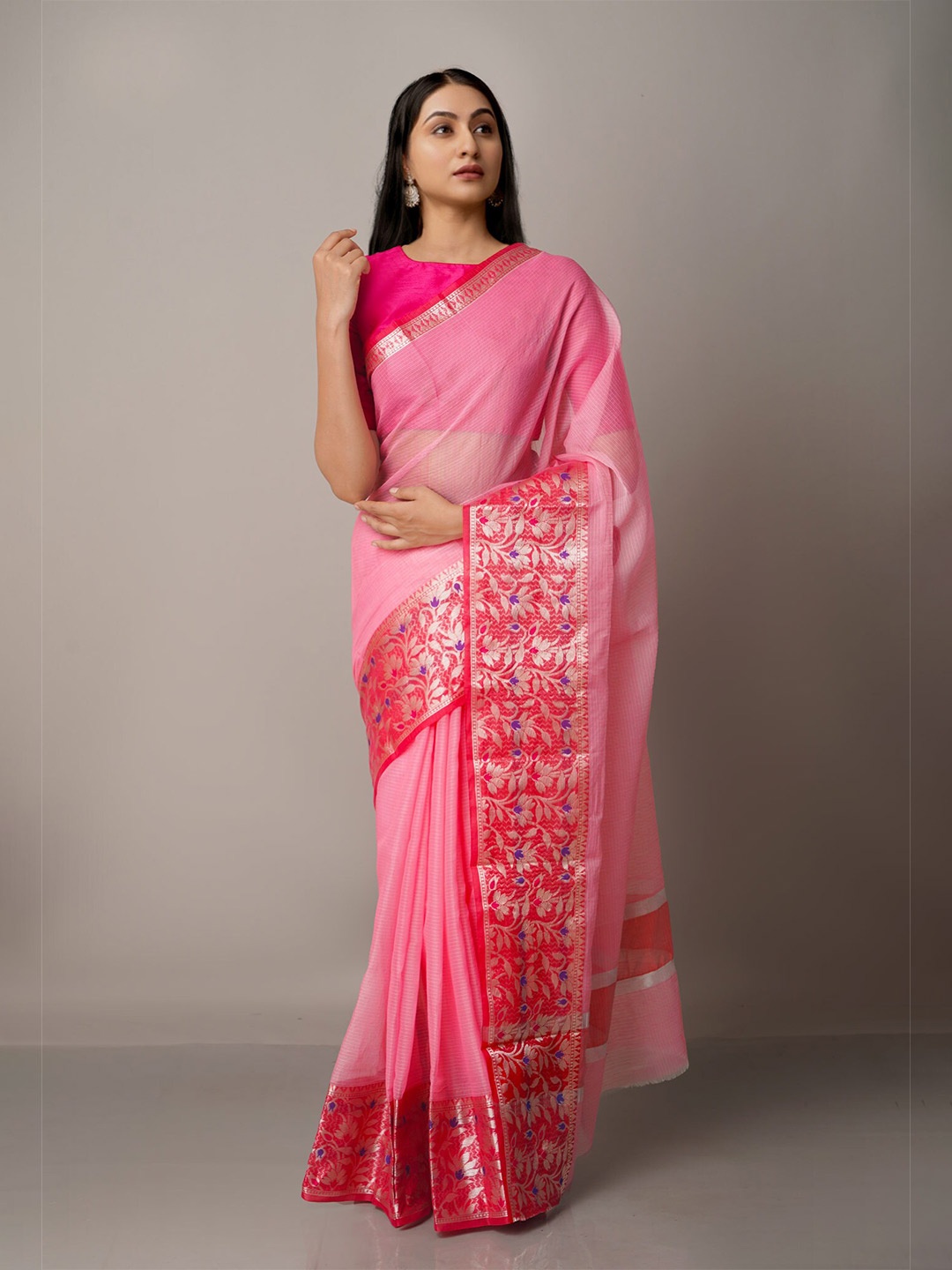 

Unnati Silks Pink & Red Woven Design Zari Silk Blend Kota Saree