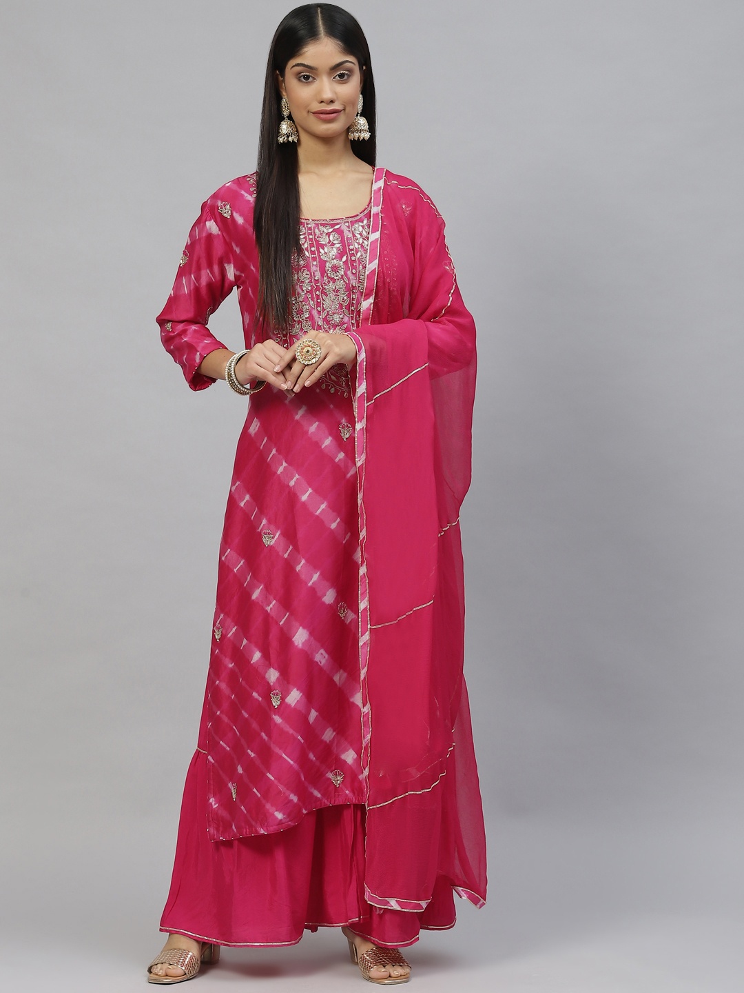 

Divena Women Pink & White Leheriya Printed Zardozi Kurta with Sharara & Dupatta