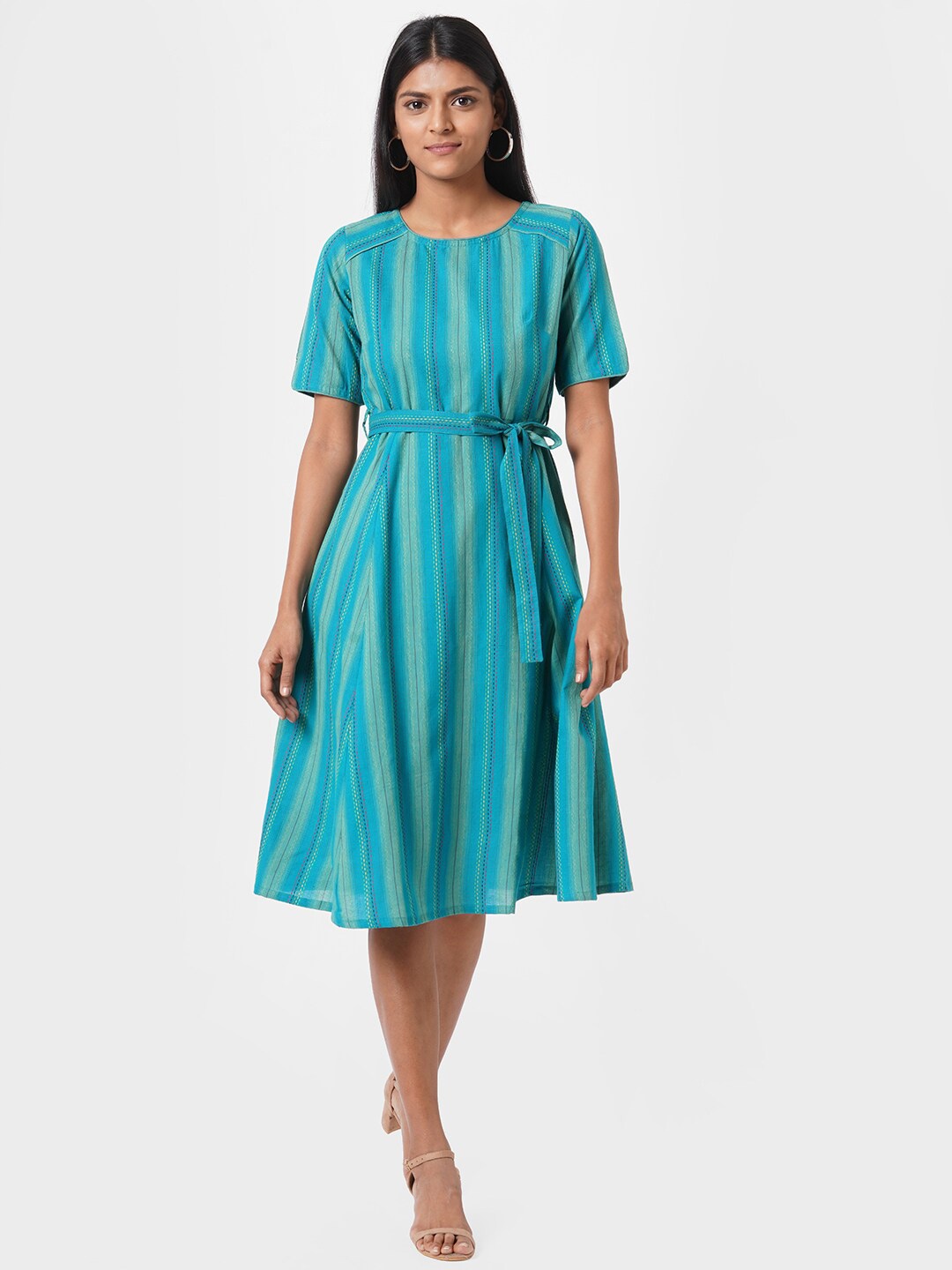 

KAMI KUBI Blue Striped A-Line Pure Cotton Dress