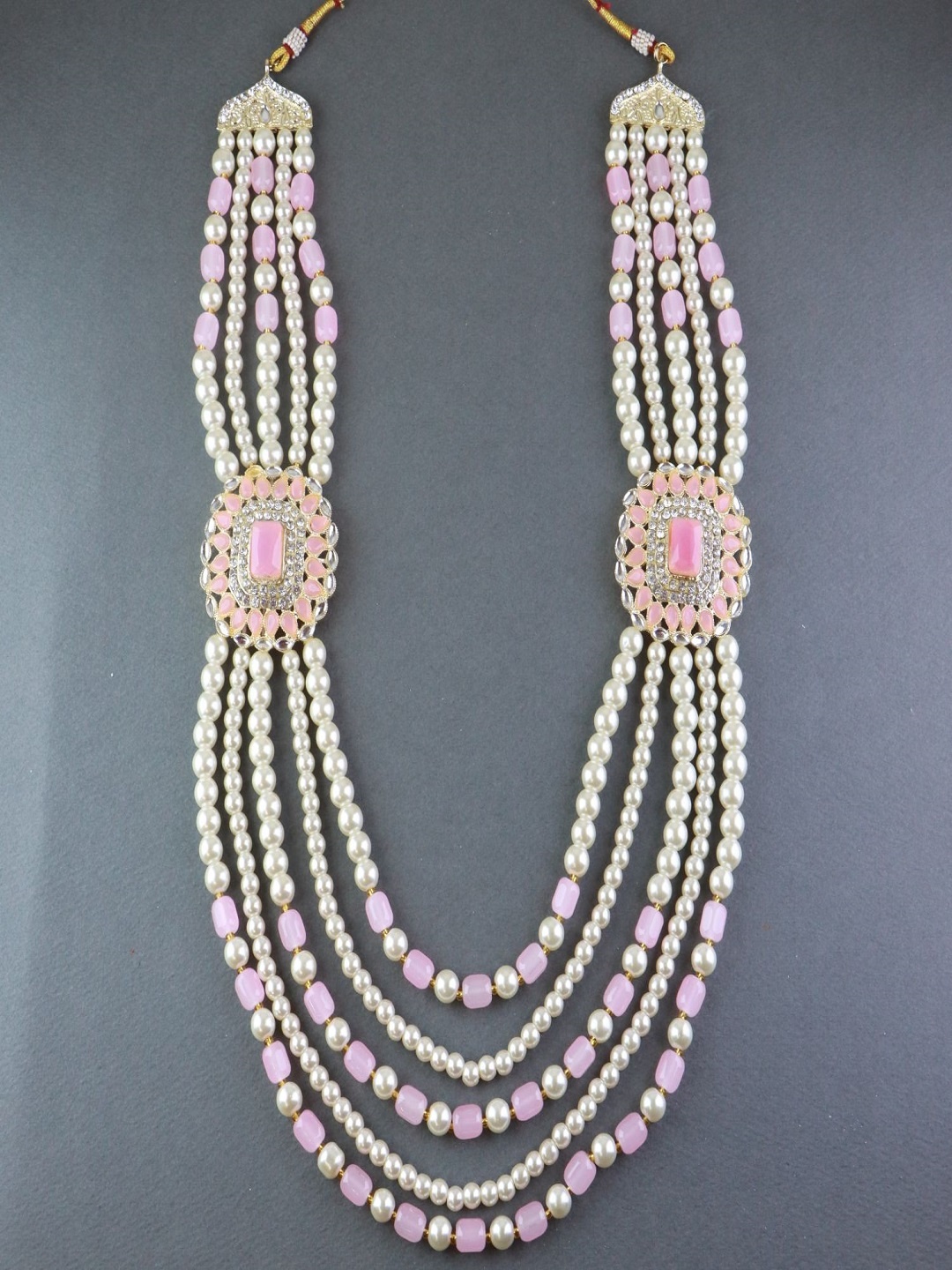 

I Jewels Men Gold-Toned & Pink Beads 5 Layered Dulha Chain