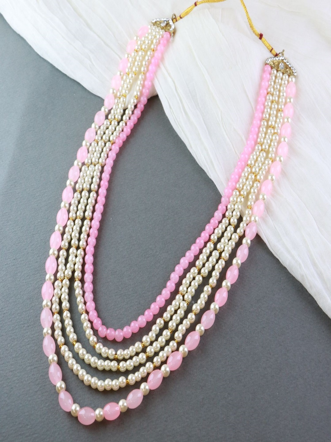 

I Jewels Men Gold-Toned & Pink Beads 5 Layered Dulha Chain