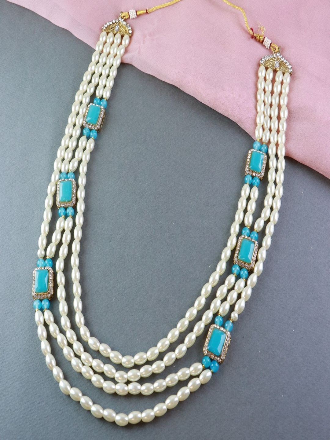 

I Jewels Men Gold-Toned & Turquoise Blue 4 Layered Pearl Necklace