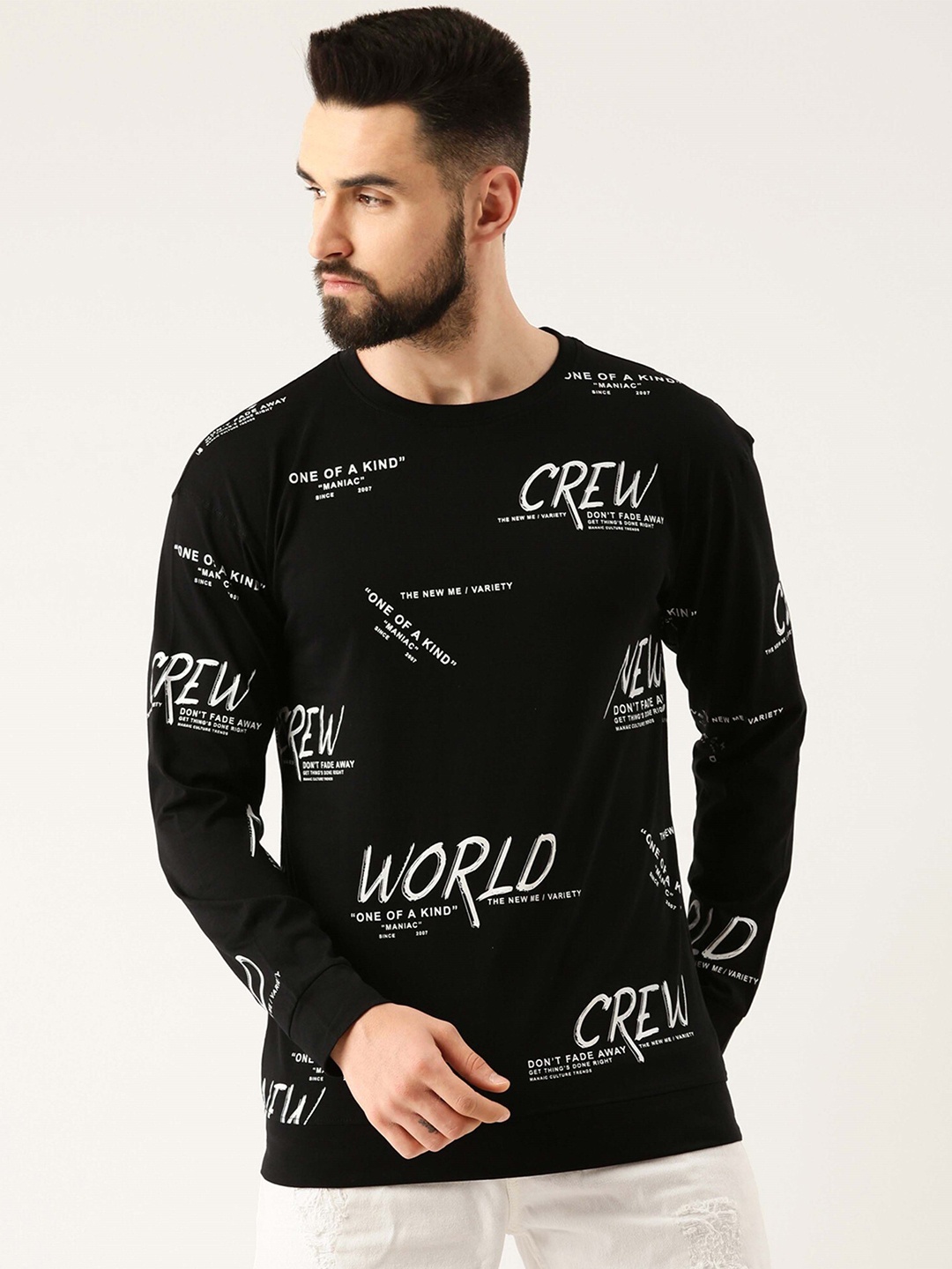 

Maniac Men Black & White Typography Printed Cotton Slim Fit T-shirt