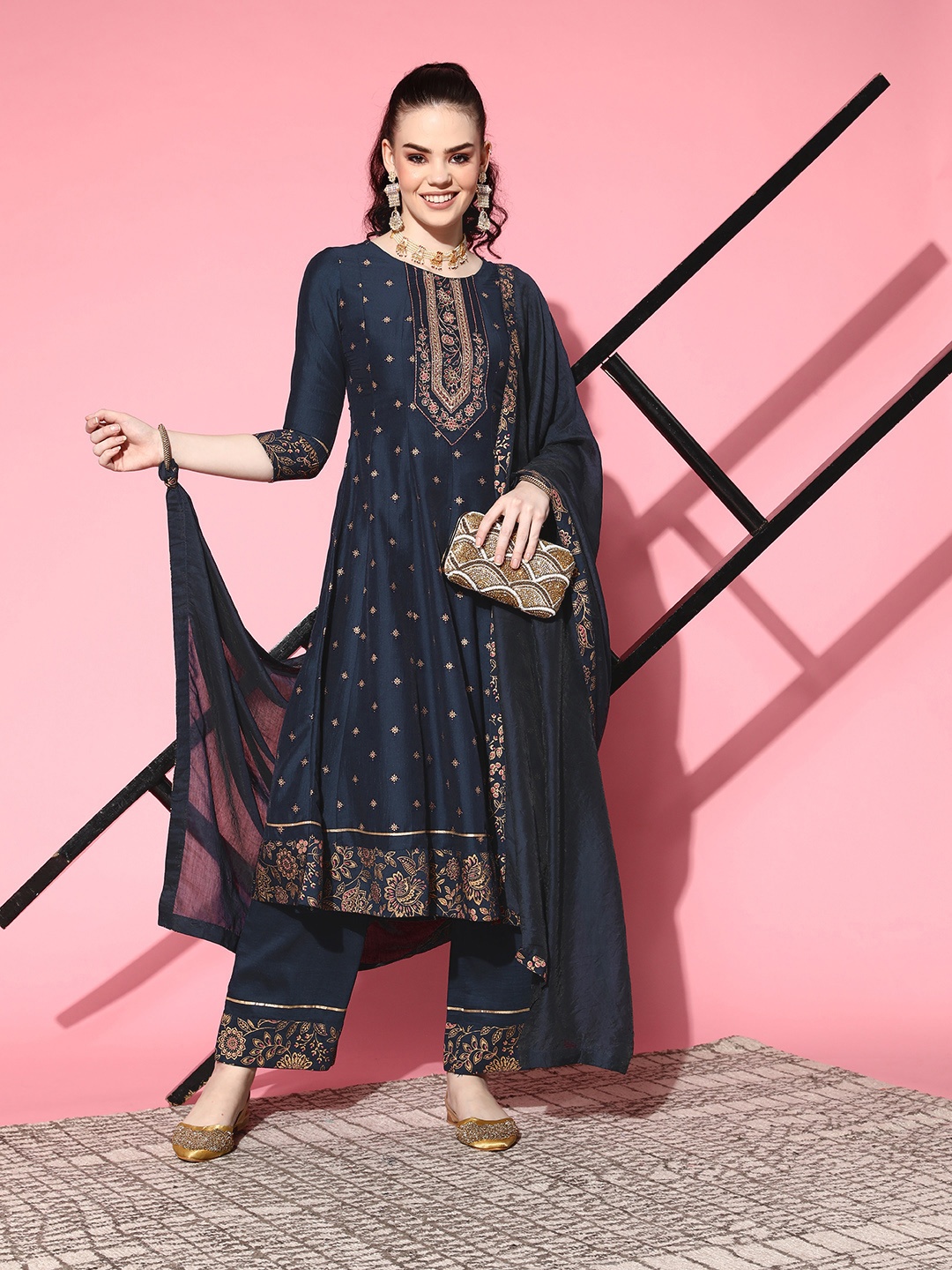 

SKYLEE Women Blue Ethnic Motifs Embroidered Thread Work Kurta With Palazzos & With Dupatta