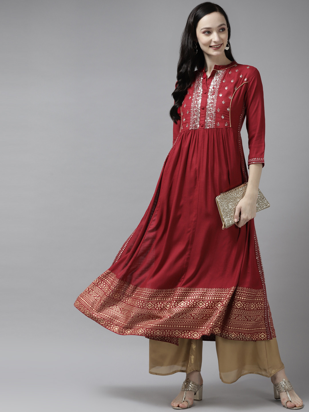 

Yufta Women Red Sequins Embroidered Kurta