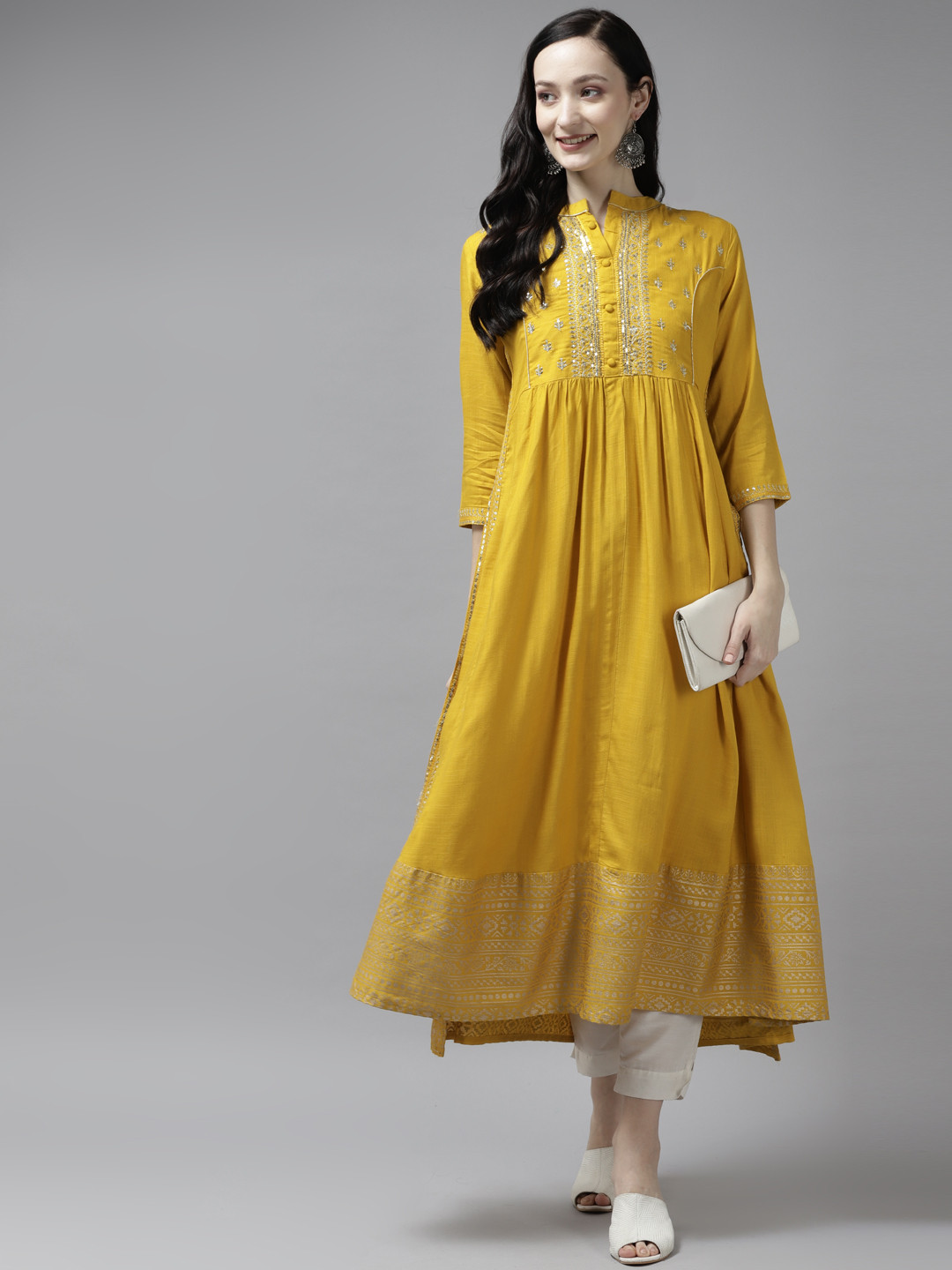 

Yufta Women Mustard Sequins Embroidered Kurta