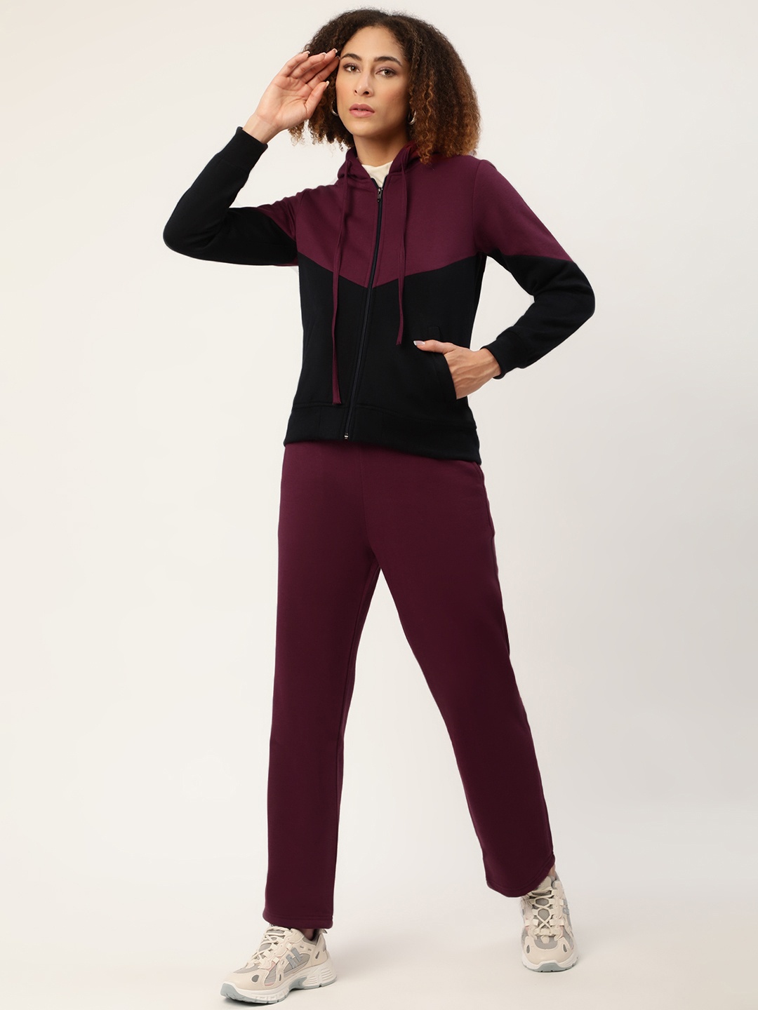

Alsace Lorraine Paris Women Maroon & Black Colourblocked Tracksuit