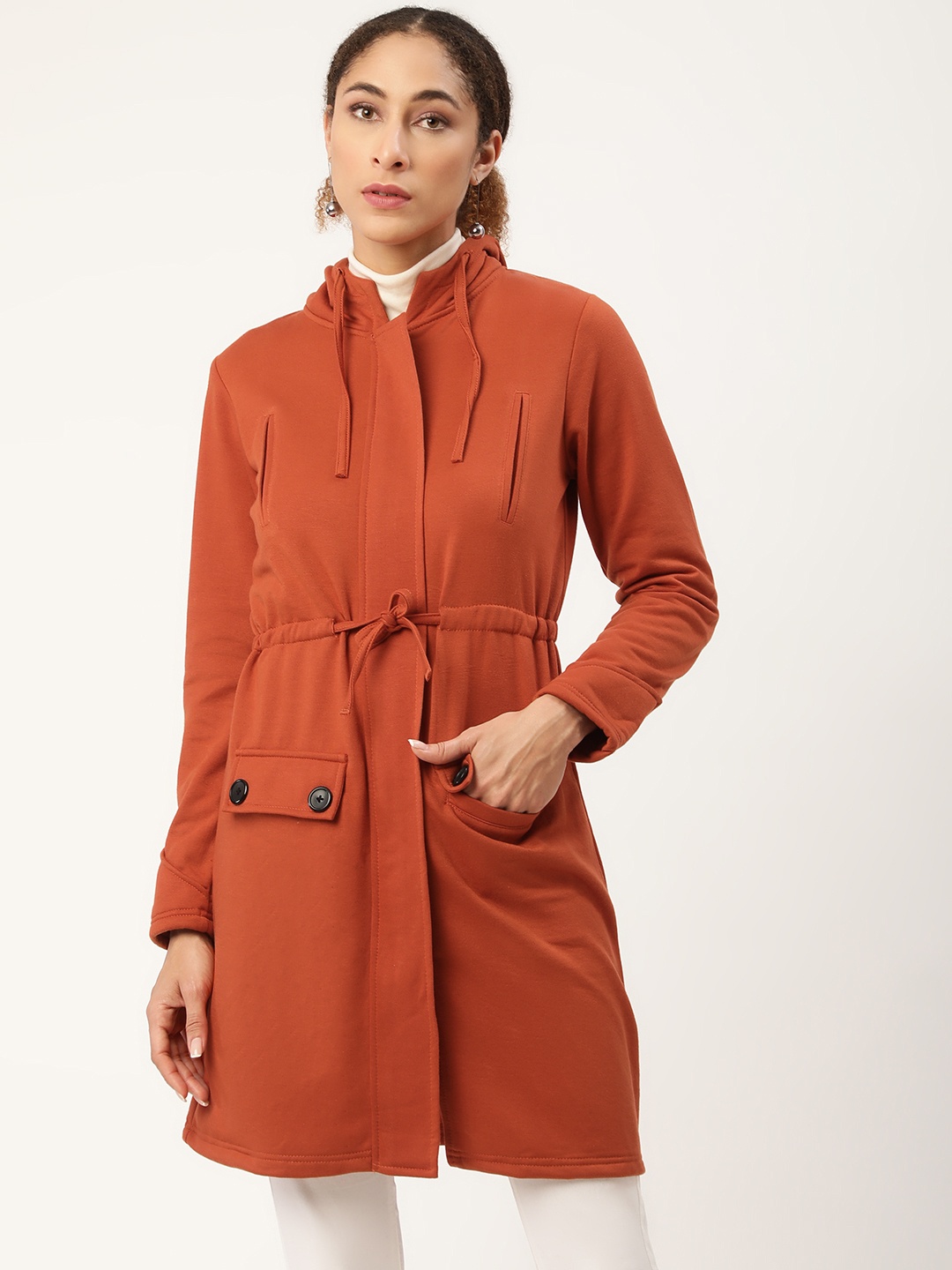 

Alsace Lorraine Paris Women Orange Solid Hooded Overcoat