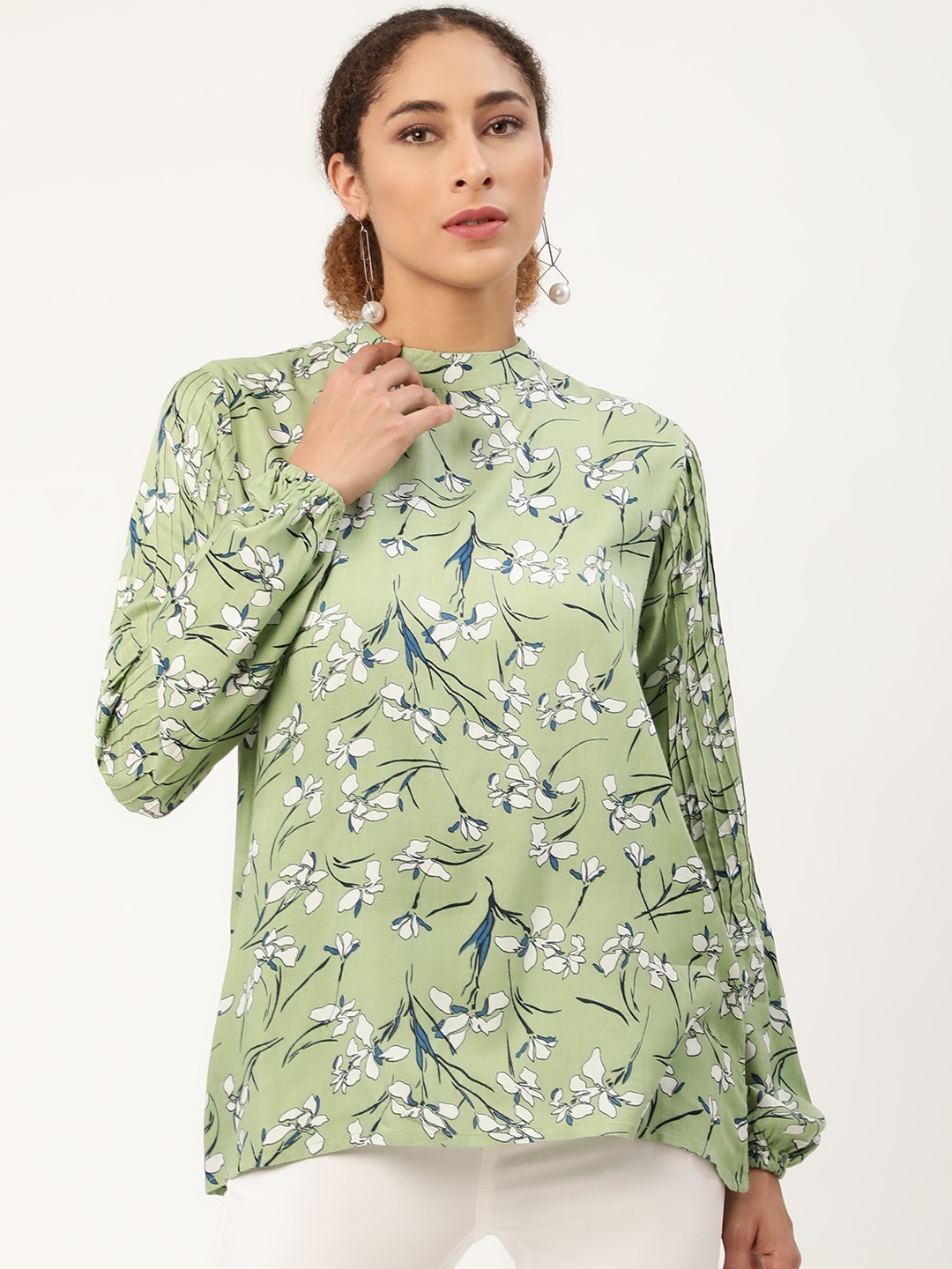 

Alsace Lorraine Paris Women Green & White Floral Print Mandarin Collar Top