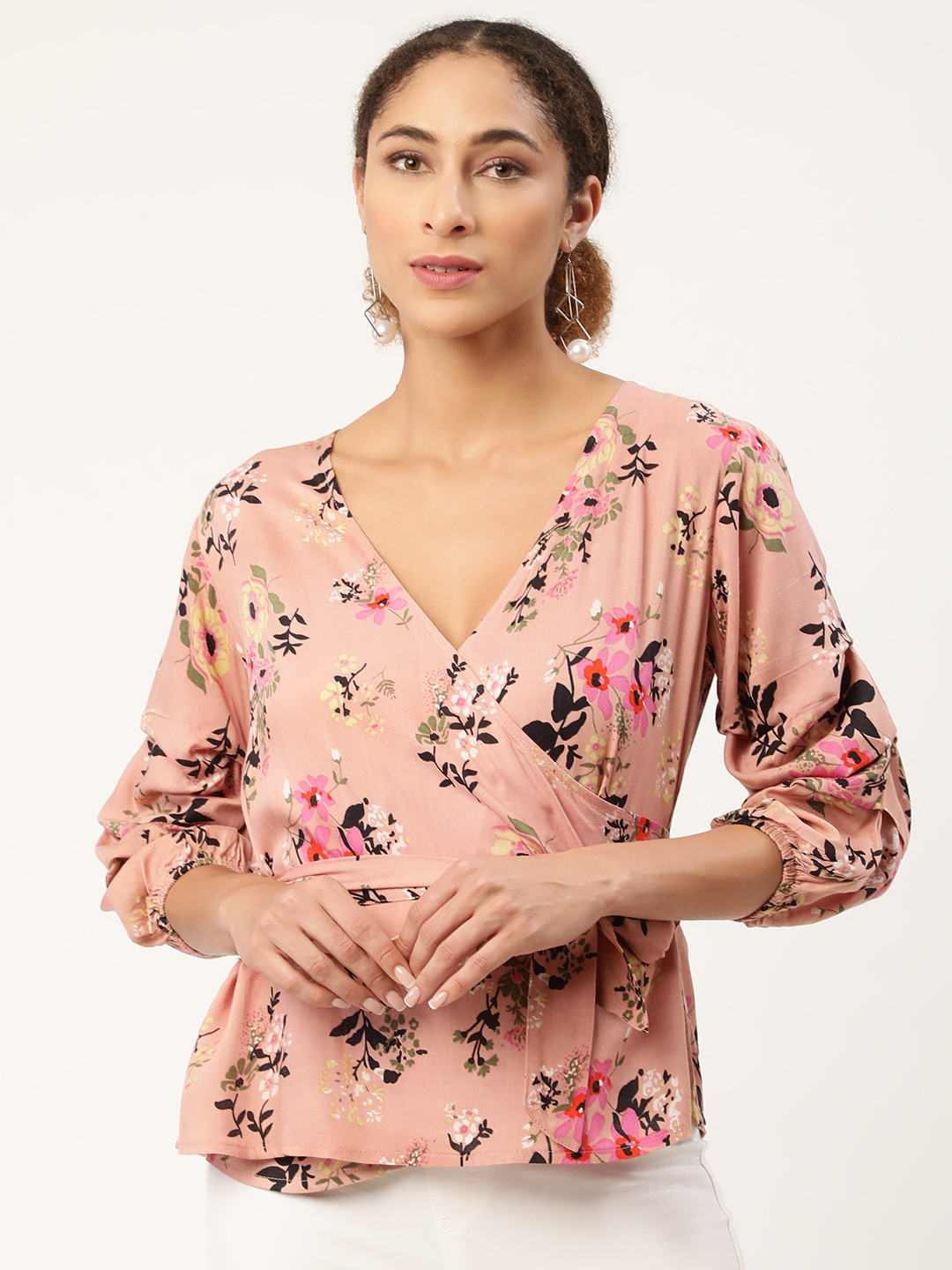 

Alsace Lorraine Paris Women Pink & Black Floral Print Wrap Top